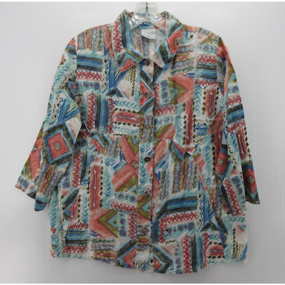 VINTAGE Click CMC Top XS Linen Shirt Abstract Southwestern Aztec 90s